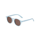 Light blue sunglasses with brown lenses on a white background