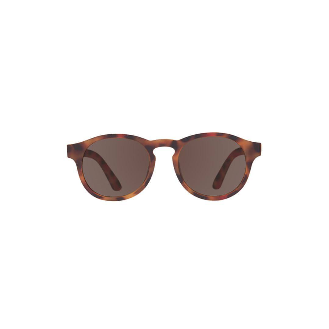 Sunglasses with tortoiseshell frame and dark lenses on a white background