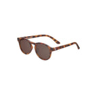 Sunglasses with tortoiseshell frame and dark lenses on a white background