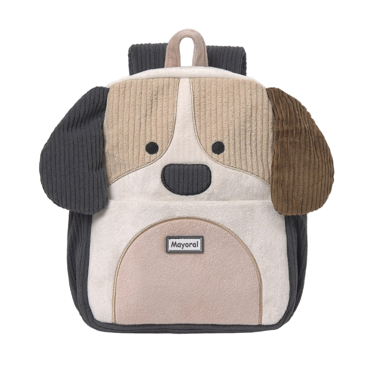 Dog-shaped backpack with a visible brand label on a white background