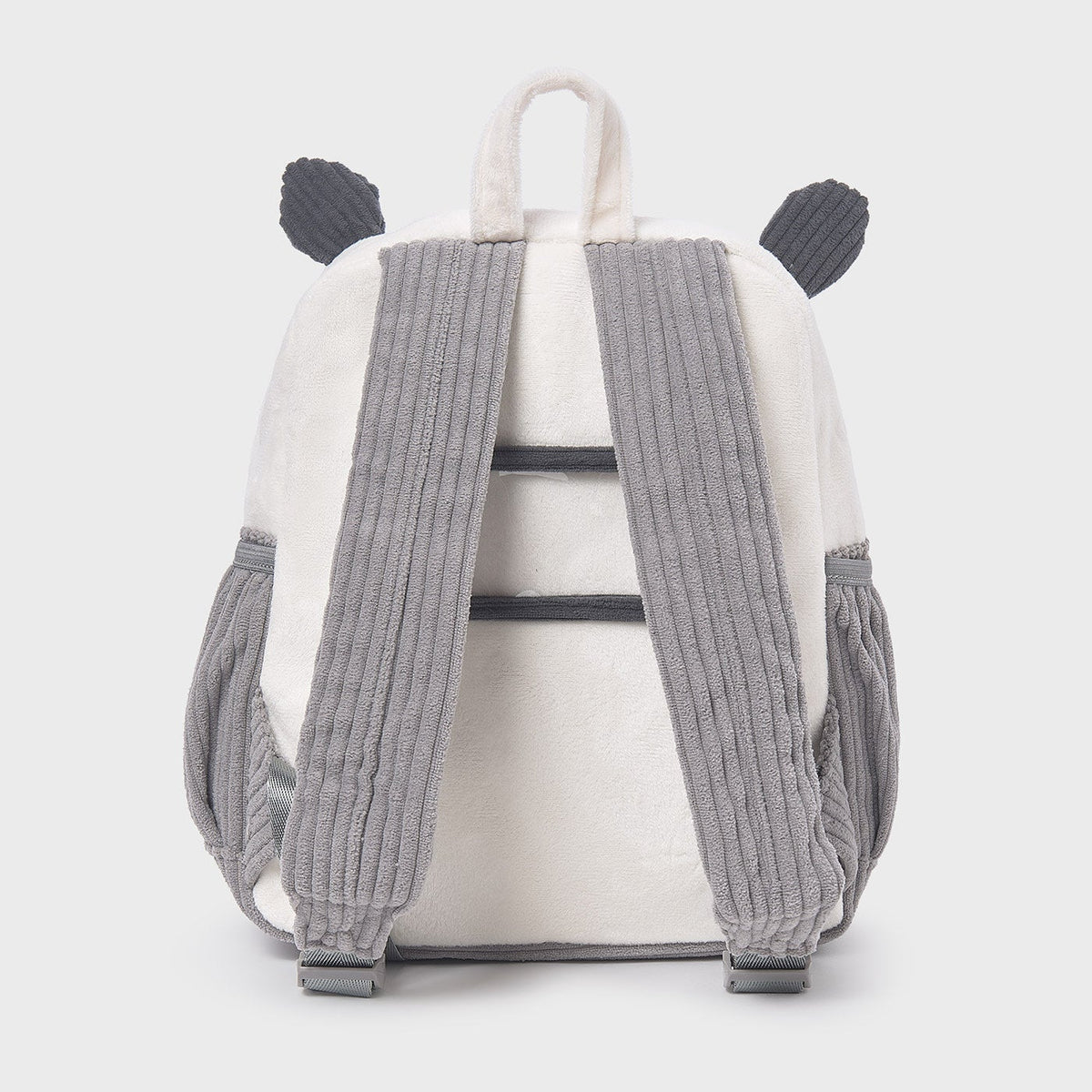 White backpack with gray ribbed straps on a white background