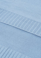 Close-up of a light blue knitted fabric with ribbed texture.