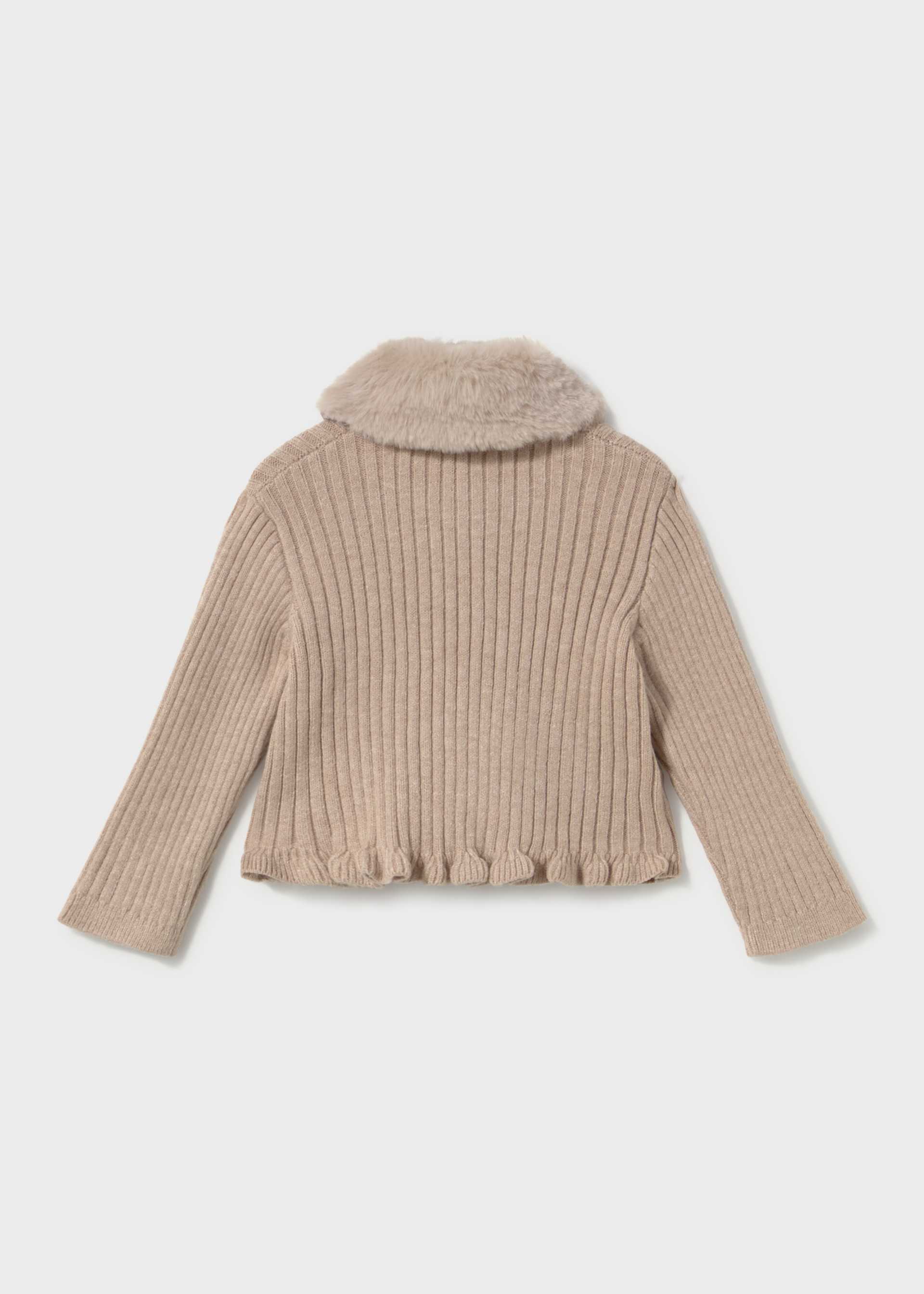 A beige ribbed knit cropped sweater with a fuzzy faux-fur collar, shown from the back on a light gray background.