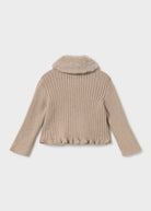 A beige ribbed knit cropped sweater with a fuzzy faux-fur collar, shown from the back on a light gray background.