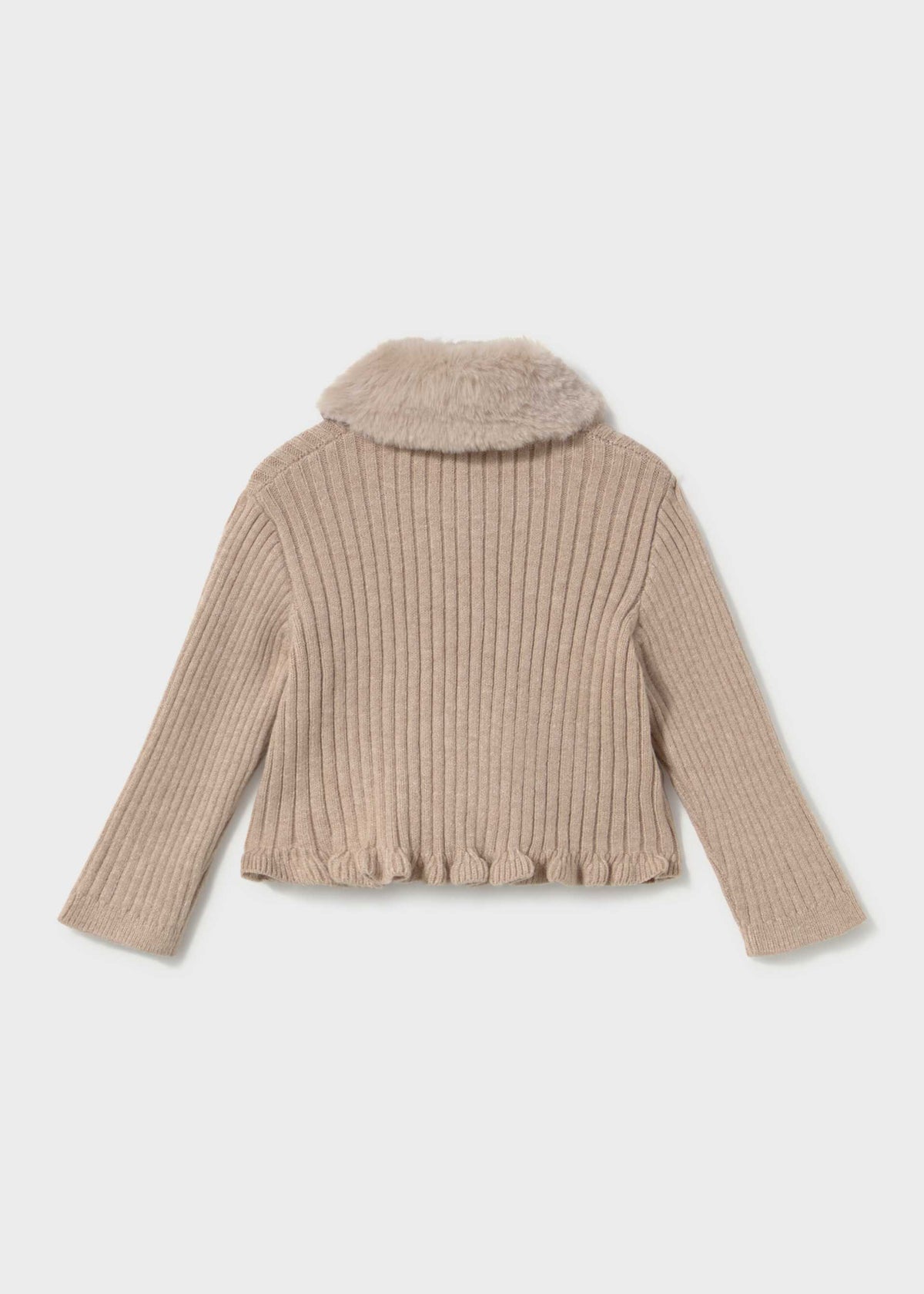 A beige ribbed knit cropped sweater with a fuzzy faux-fur collar, shown from the back on a light gray background.