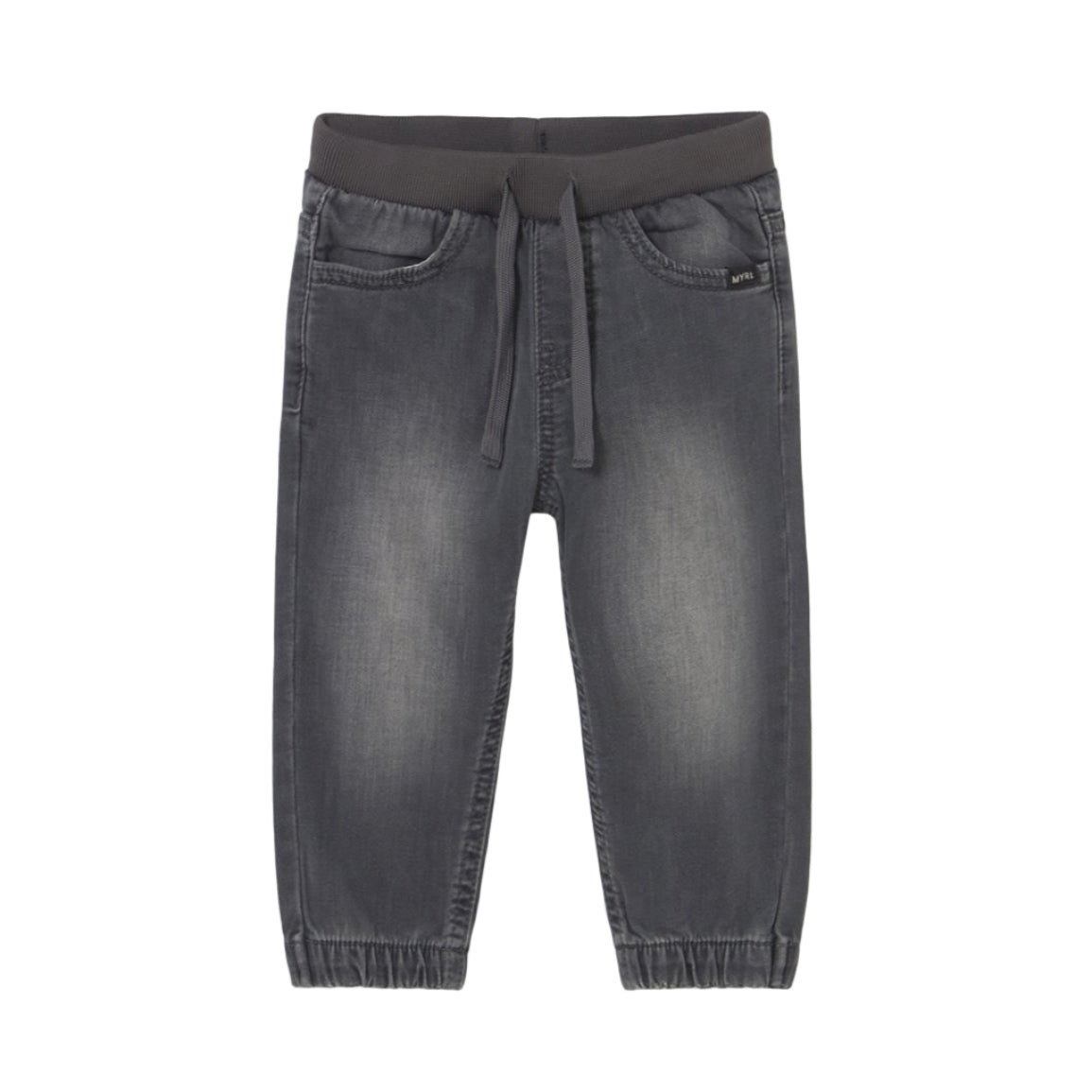 Gray jeans with drawstring on a white background