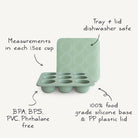 An informational graphic highlighting the features of a mint green silicone baby food freezer tray with a lid, pointing out that it is dishwasher safe, features 1.5 oz cups with measurements, is BPA, BPS, PVC, and phthalate free, and has a 100% food-grade silicone base and PP plastic lid.