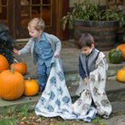 Two children playing with patterned cloths near pumpkins outdoors.