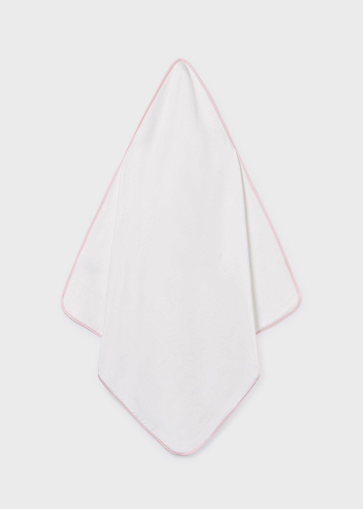 White towel with a thin pink border on a light gray background