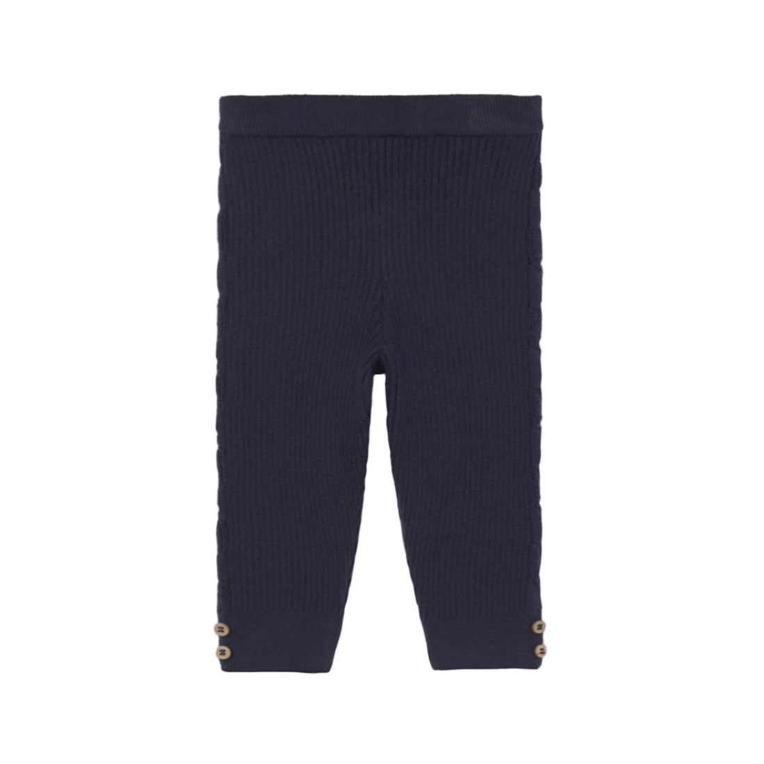 Navy ribbed leggings with gold buttons on a white background