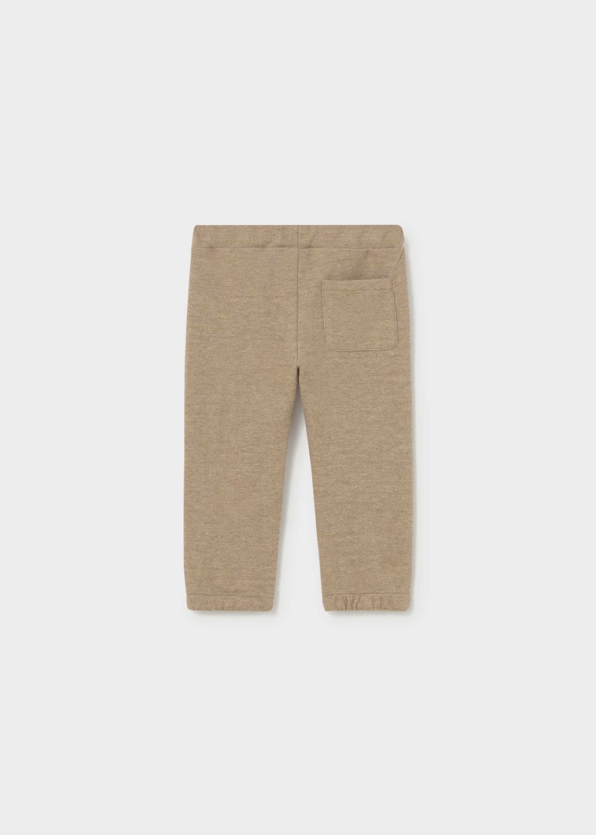 A pair of children's heathered tan pants with an elastic waistband and a side pocket, shown flat against a light gray background.