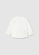 White long-sleeve shirt with subtle pattern on a light gray background