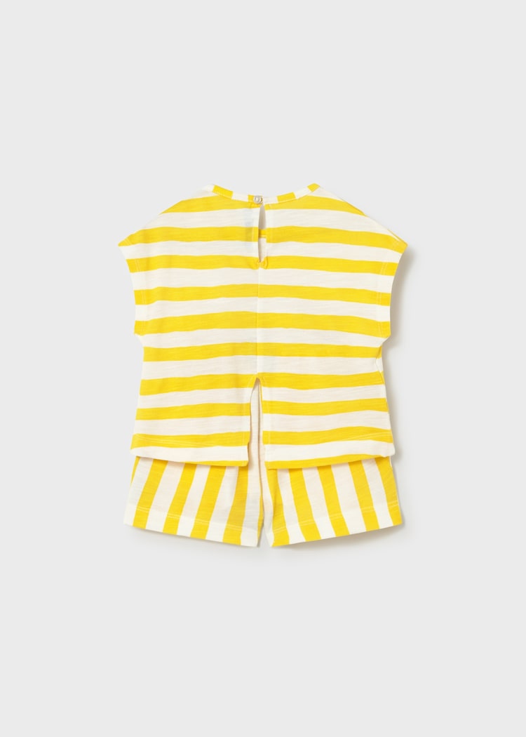 Yellow and white striped sleeveless top on a light gray background