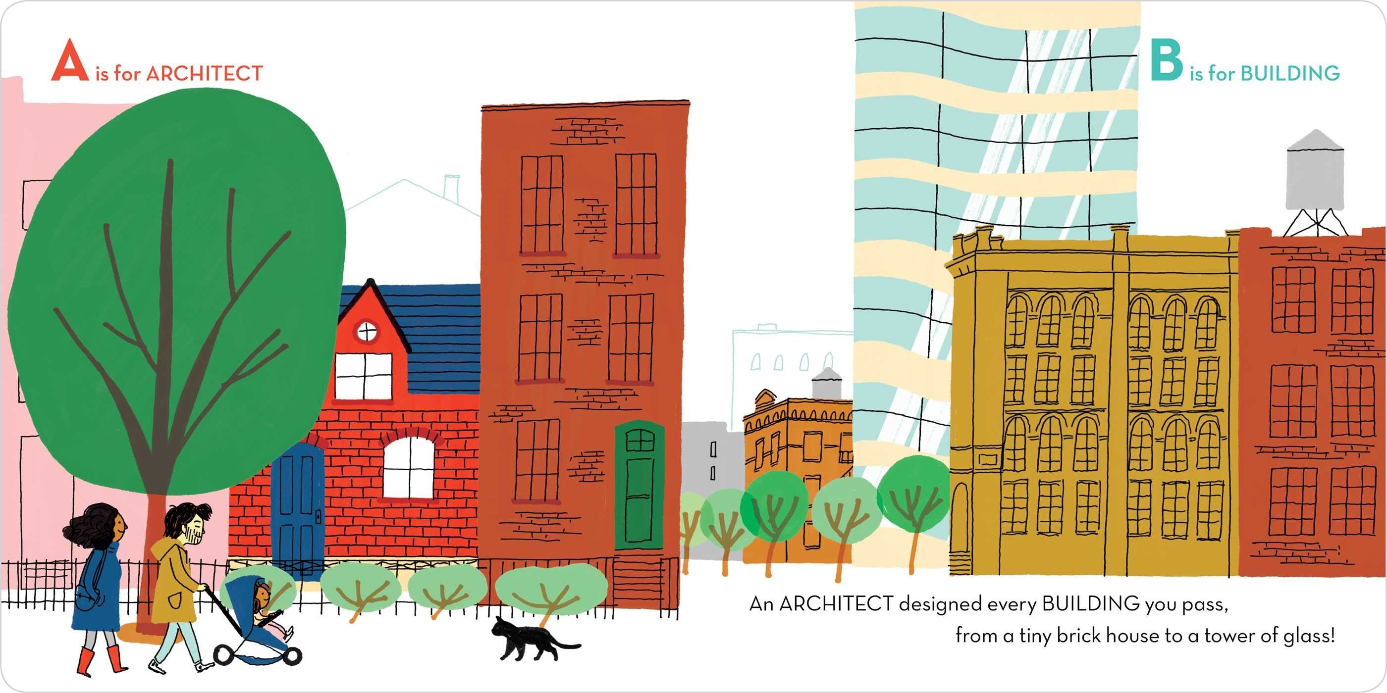Illustrated book page with architectural elements and people walking.