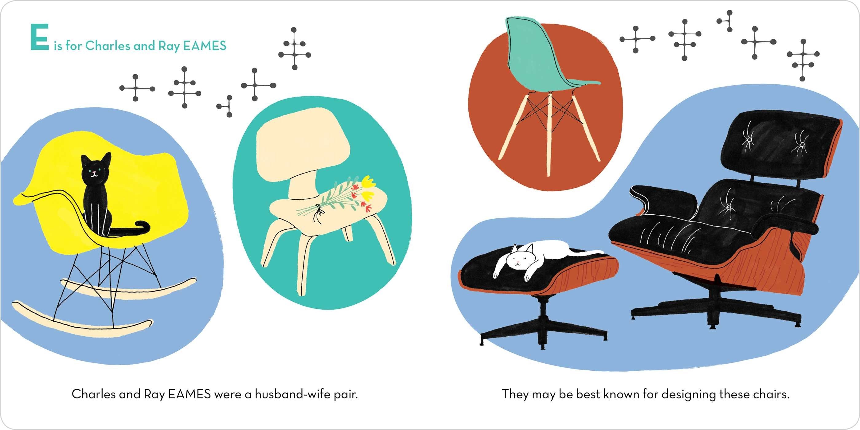 Illustrations of Eames chairs and a cat on a blue background