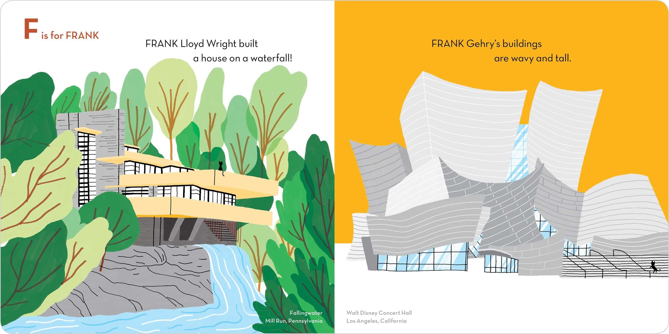 Two book pages showing illustrations of Frank Lloyd Wright's and Frank Gehry's architectural designs.