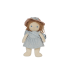 Stuffed doll with a pink hat and blue dress on a transparent background