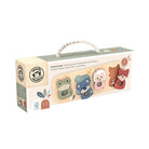 Wooden animal puzzle packaging with colorful animals on a white background