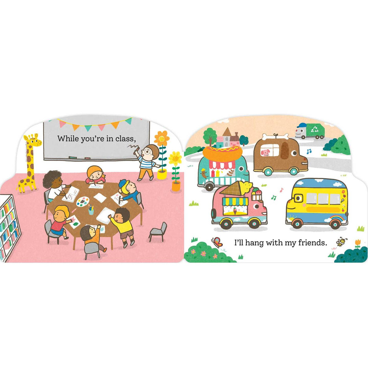 Illustrated book page with children in a classroom and outside playing.