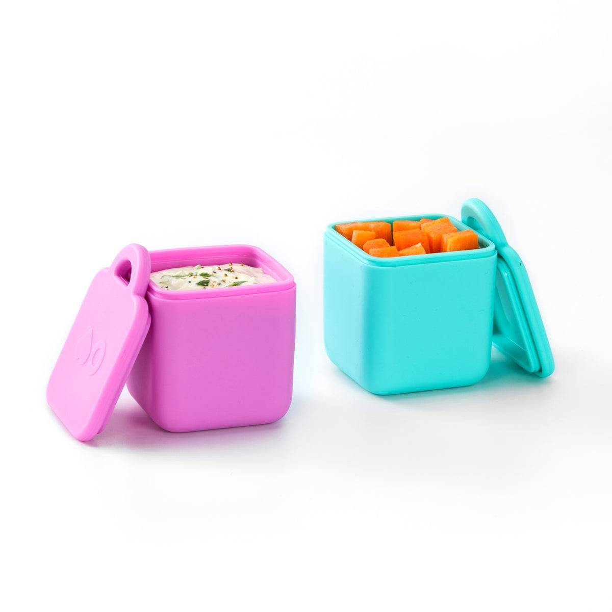 Two colorful silicone snack containers on a white background
