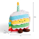 Plush toy shaped like a birthday cake with a candle, dimensions indicated.