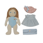 Plush doll with blue outfit, pink hat, and matching bag on a white background