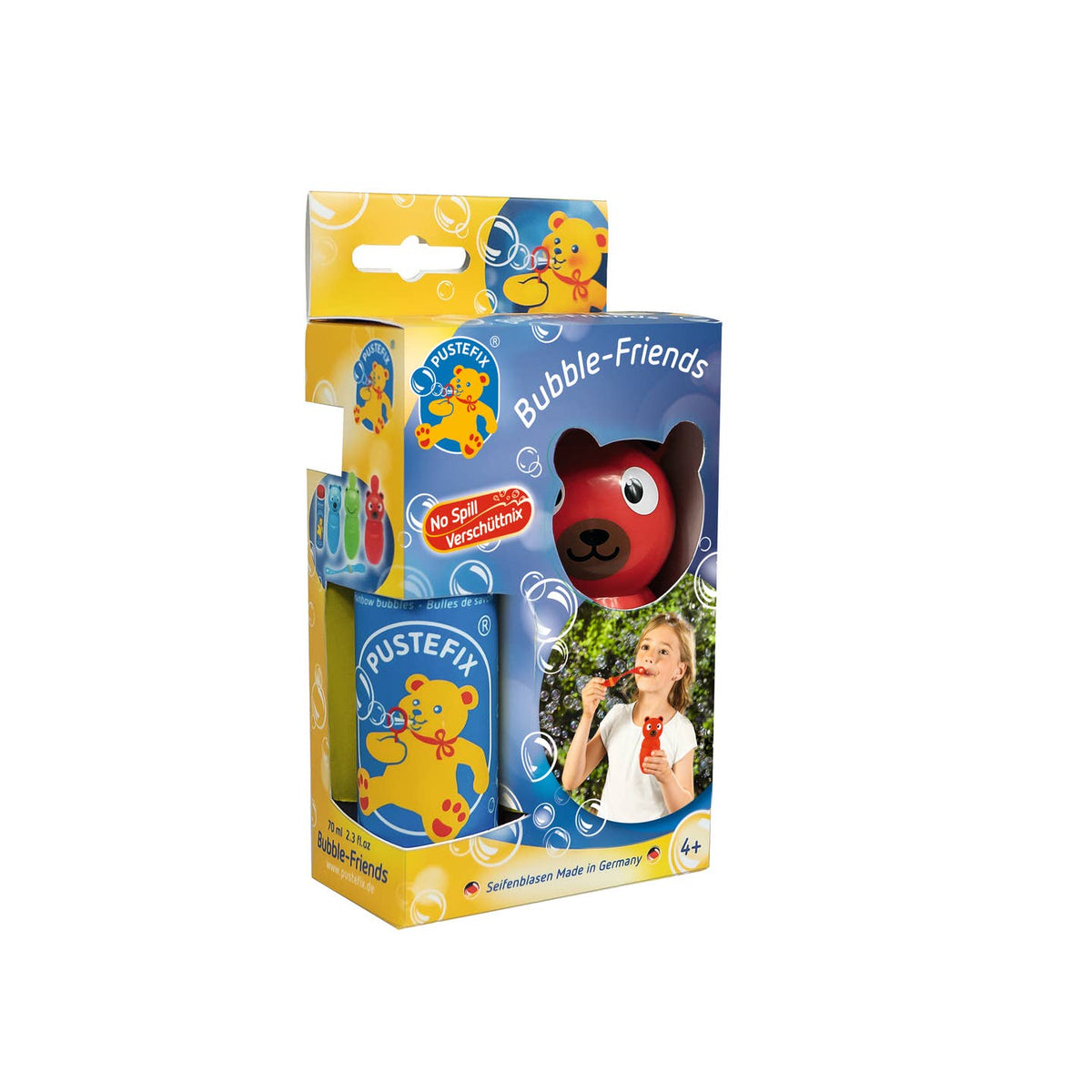 Pustefix Bubble Friends packaging with a bubble blower and cartoon characters on a white background