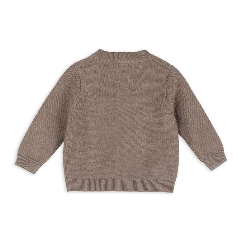 A long-sleeve knit sweater shown from the back, in a solid taupe-brown color, photographed on a clean white background.