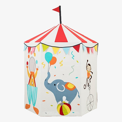 Children's play tent with circus-themed design on a white background