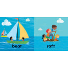 Illustration of a sailboat and a raft with children on a blue background