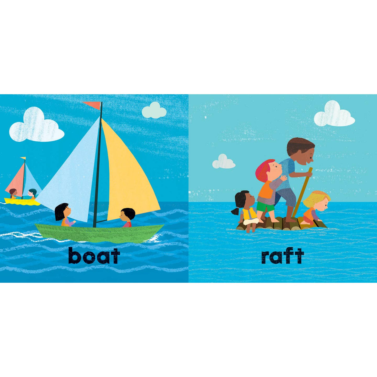 Illustration of a sailboat and a raft with children on a blue background