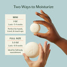 Two hands holding skincare products with text on a light blue background