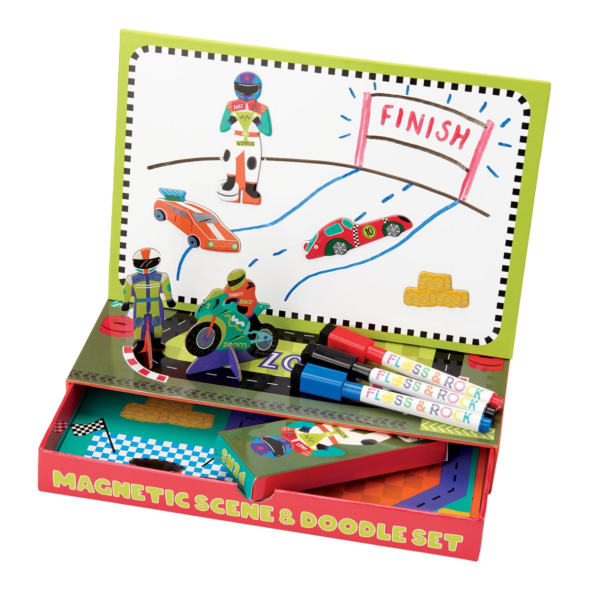 Toy set with magnetic cars, markers, and a race track on a white background