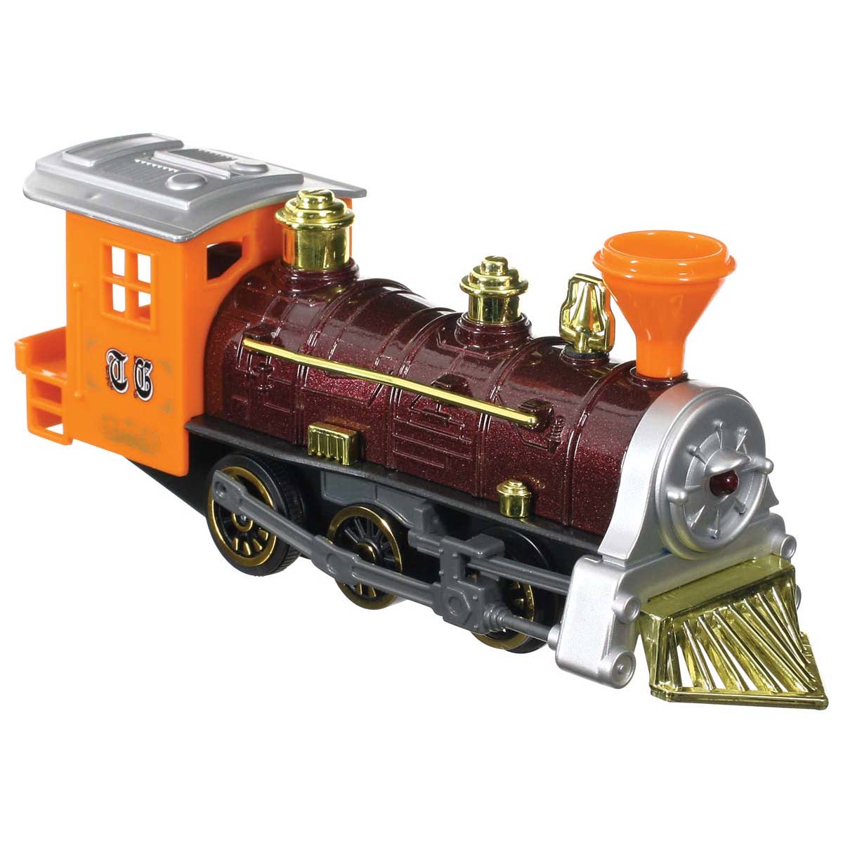 Toy train engine with orange caboose on a white background