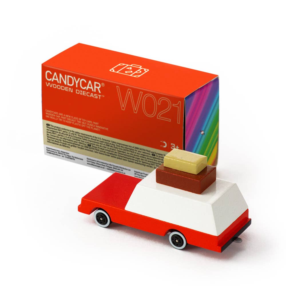 Candycar wooden diecast toy with packaging on a white background