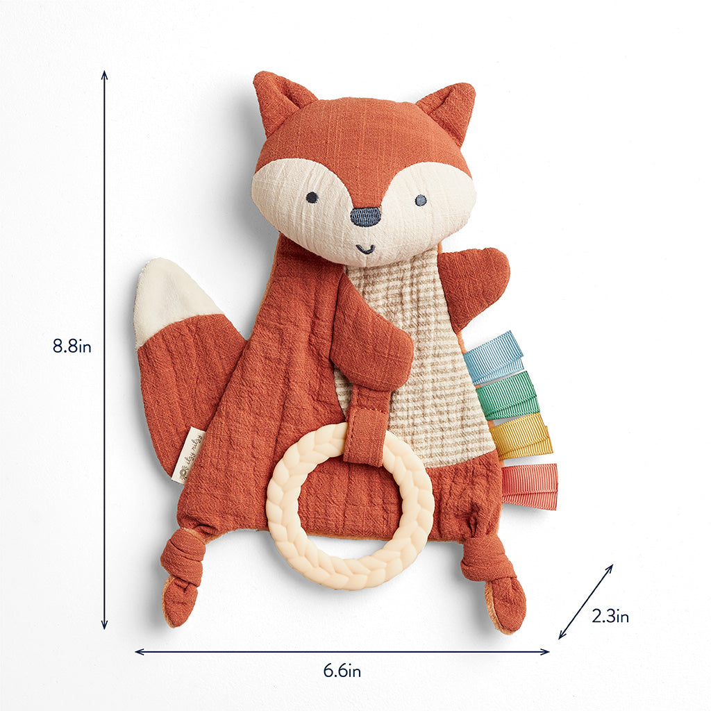 Plush fox toy with a ring, showing dimensions on a white background