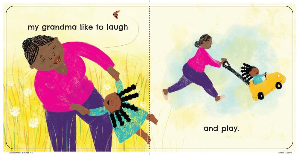 Illustration of a grandmother and child playing with a toy car on a colorful background.