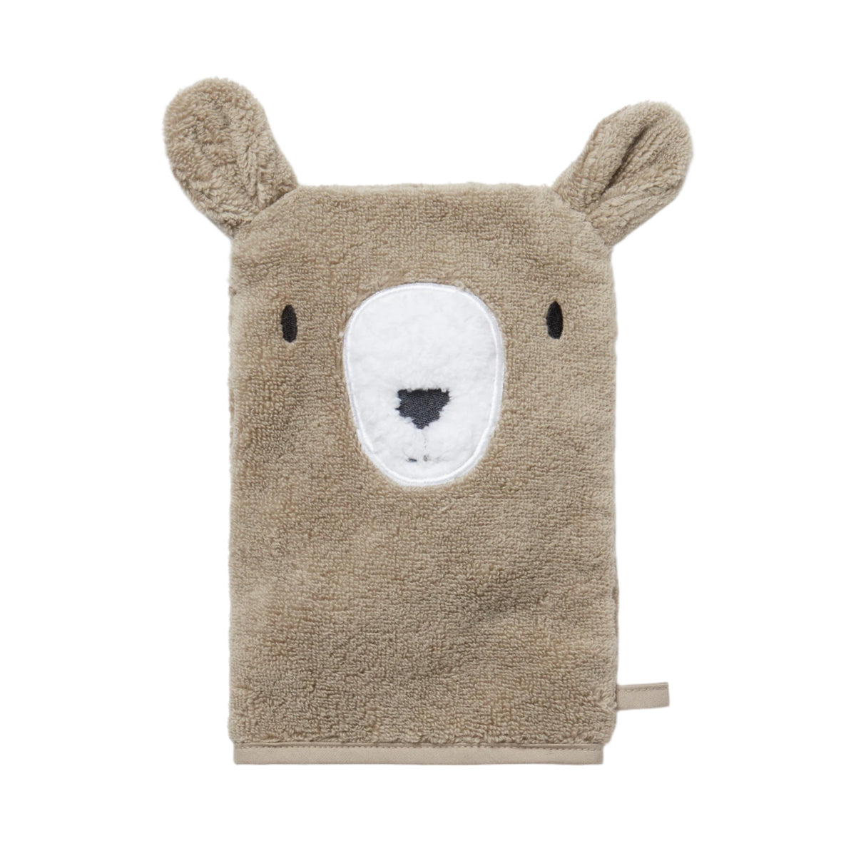 A plush baby bath towel shaped like a bear face, featuring soft tan plush fabric, upright ears, a white snout panel, and small black embroidered eyes and nose, shown on a plain white background.