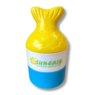 Sunscreen applicator with yellow top and blue bottom on a white background