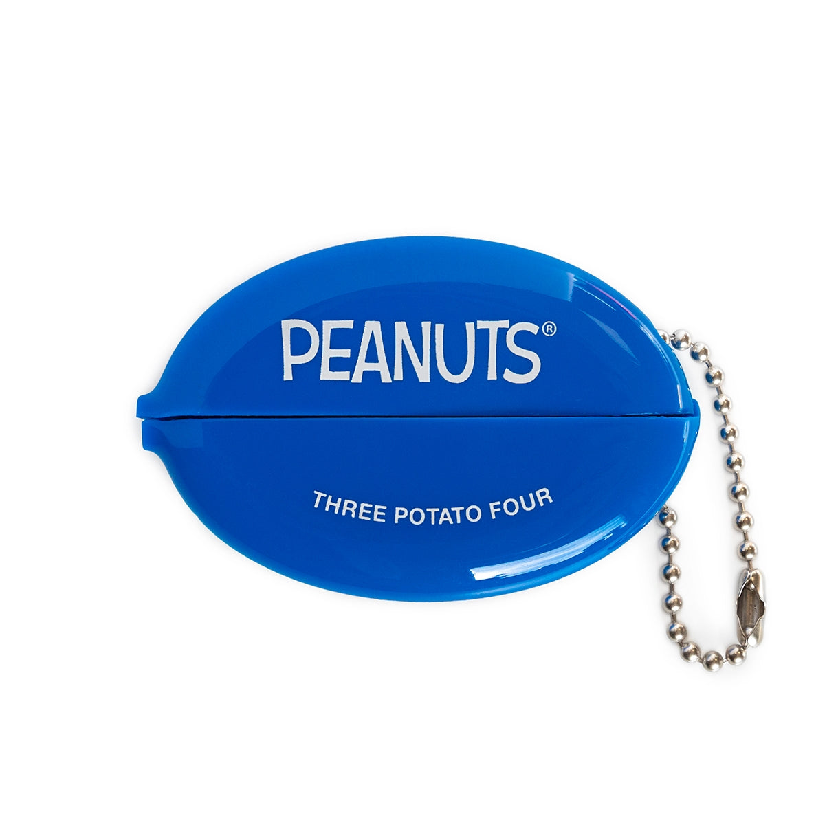 Blue container with 'Peanuts' branding and a chain on a white background