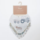 Baby bib set with tractor and cow design on a white background