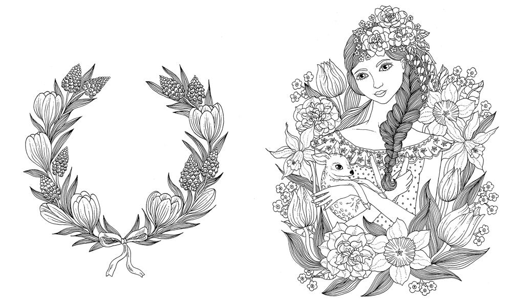 Illustration of a girl with flowers and a wreath on a white background