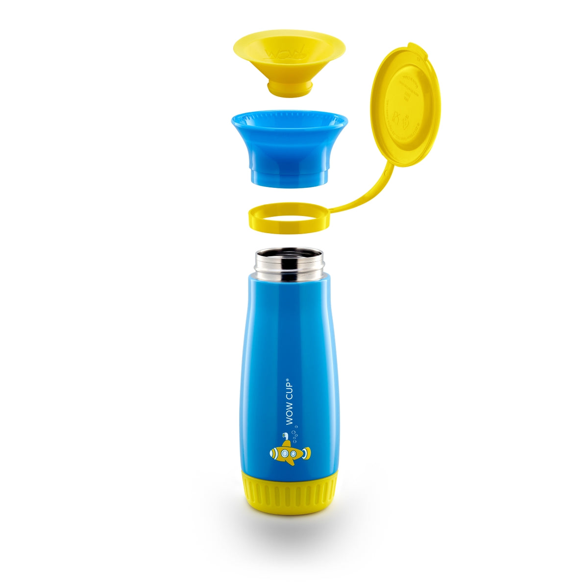 A blue and yellow WOKO CUP vacuum insulated bottle with its lid and funnel components shown floating above it on a white background.