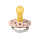 Baby teether with yellow top, pink middle, and white base on a teal background