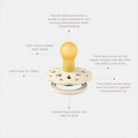 Infographic of a baby teether with features highlighted on a white background