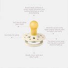 Infographic of a baby teether with features highlighted on a white background