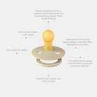 Baby pacifier with text explaining its features on a white background