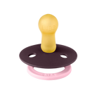 Baby pacifier with yellow top, dark purple middle, and pink base on a white background