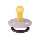 BIBS pacifier with yellow top and purple base on a white background