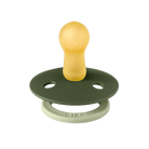 Green and yellow pacifier with 'BIBS' branding on a white background